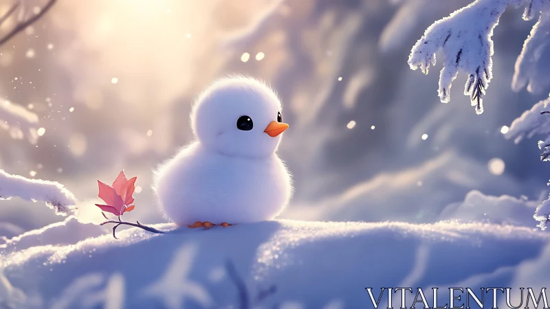 Fluffy white bird sits on snowy ground under soft winter light