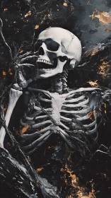 Marbled skeletal figure amid molten gold flecked darkness.