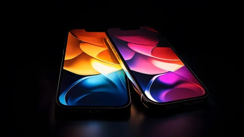 Two modern smartphones with vibrant abstract screens in darkness.
