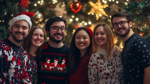 Friends celebrate Christmas in cozy bokeh lights glow.