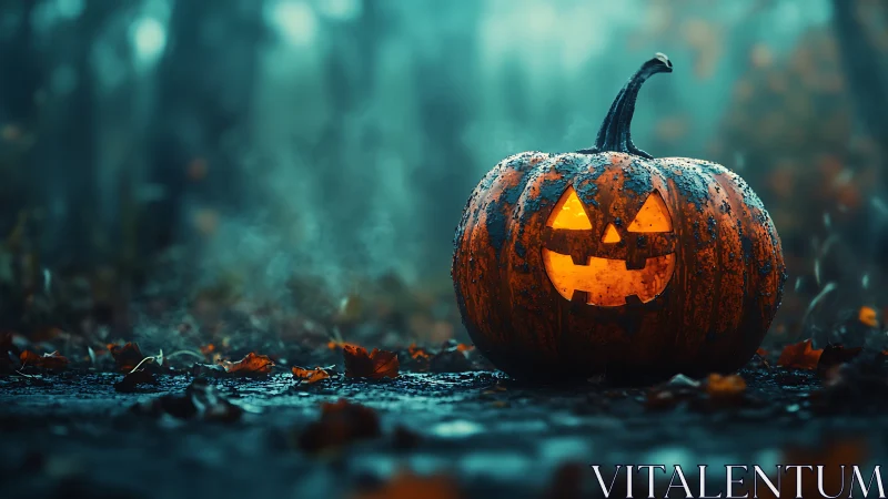 Rain-soaked jack-o’-lantern in foggy blue woodland at dusk