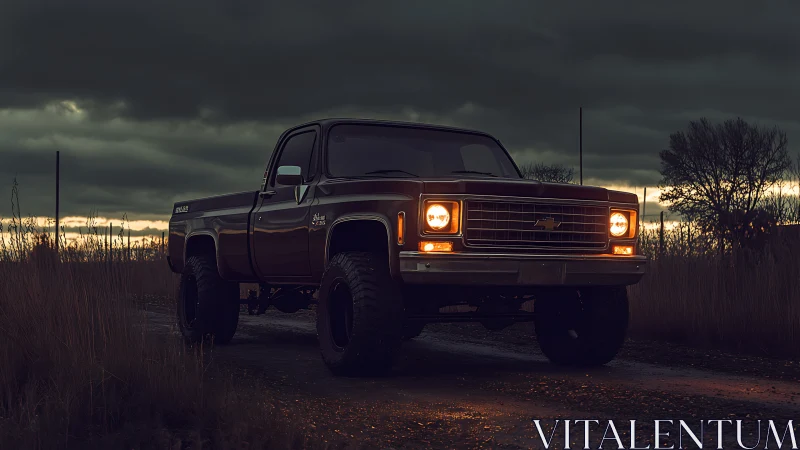 Classic lifted pickup truck on moody rural dirt road at dusk.