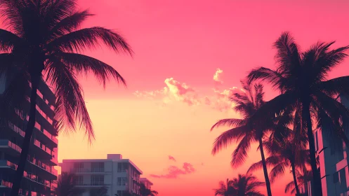 Neon magenta sunset over palm-lined modern beachfront towers