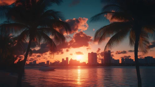 Sunset city skyline glows behind tranquil tropical shoreline