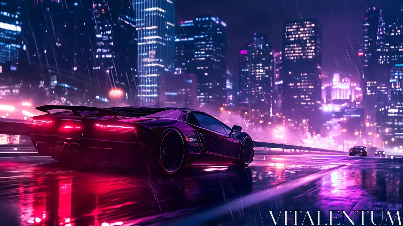 Futuristic sports car on rainy neon city highway at night.
