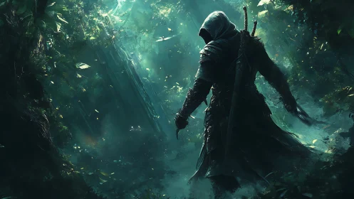 Hooded swordsman standing in dense, misty forest glade.