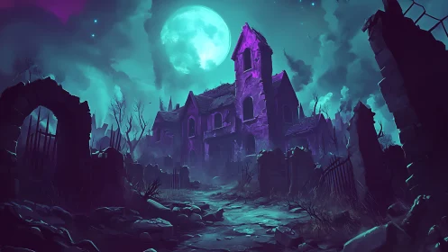 Haunted ruined mansion under eerie full moon glow at night.