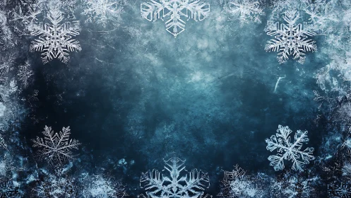 Intricate ice crystals border a deep blue winter background.