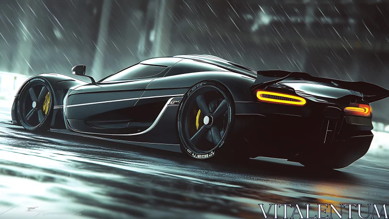 Hypercar cuts through neon rain on a slick city street
