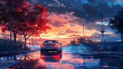 Sunset drive along rain-soaked suburban avenue.