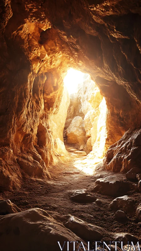 Sunlit cave corridor whispers toward a molten doorway of day