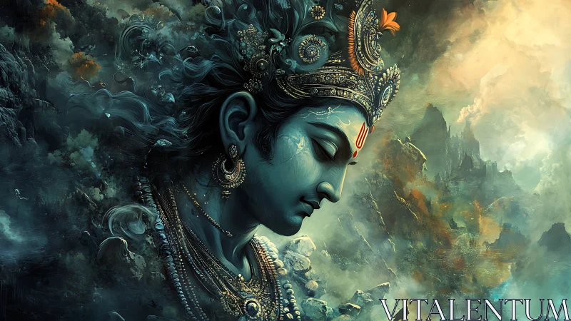 Digital painting of serene blue deity in ornate celestial landscape.