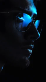 Man&rsquo;s face in profile lit by blue reflections on glasses