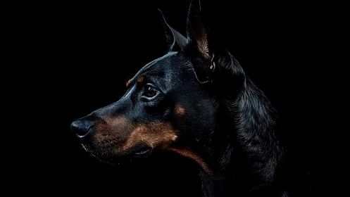 Doberman portrait in dramatic low key studio lighting.