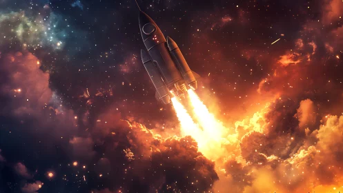 Rocket climbs through glowing clouds and reaches for space