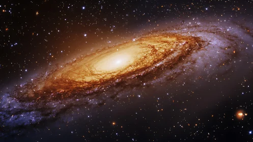 Spiral galaxy core glows amid dense starfield in space.