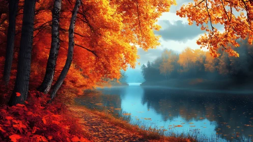 High-saturation autumn riverside with reflective still water