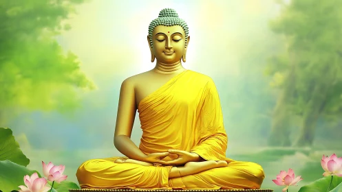Golden Buddha statue sits in serene lotus meditation pose