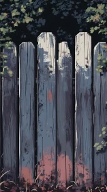 Weathered vertical wooden fence boards frame dense foliage