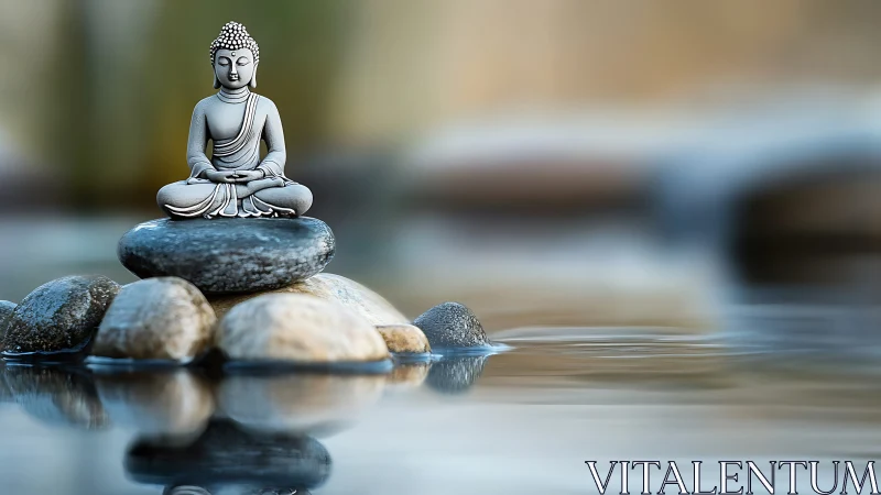 Statue of meditating figure rests on stacked stones in water