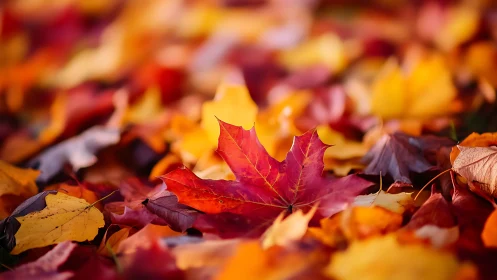 Red maple leaf on colorful autumn forest ground.