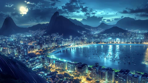 Nocturnal coastal megacity under cyan-tinted atmospheric glow.