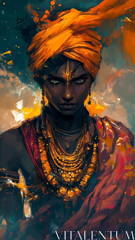Storm-eyed oracle in molten gold and ember-wrapped cloth.