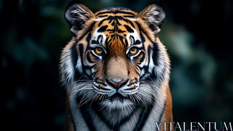 Tiger portrait with intense gaze under moody jungle light.