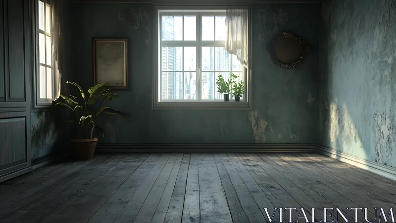 Sunlit worn interior with wood floor and central window.