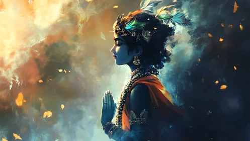 Side-profile deity figure prays amid glowing abstract haze