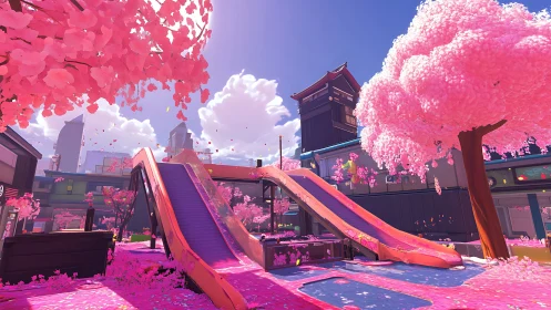 Neon spring escalators drift through candy-pink sakura skies.