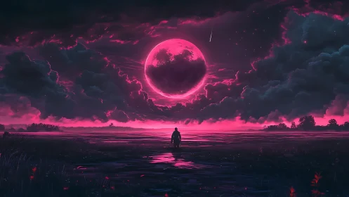 Neon magenta moon dominates stormy alien wetland sky.
