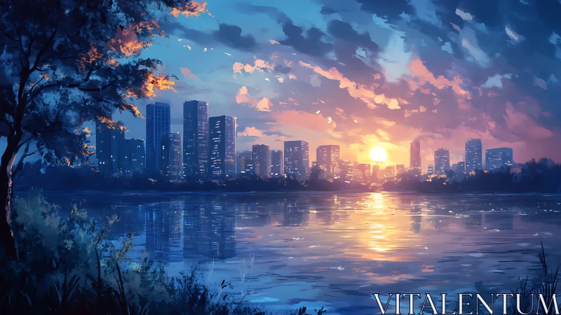 Luminous sunset city skyline reflects softly across a quiet river