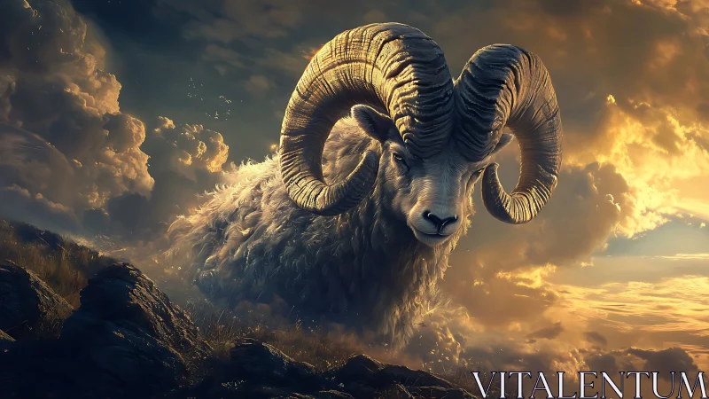 Monumental horned ram rendered with cinematic volumetric lighting