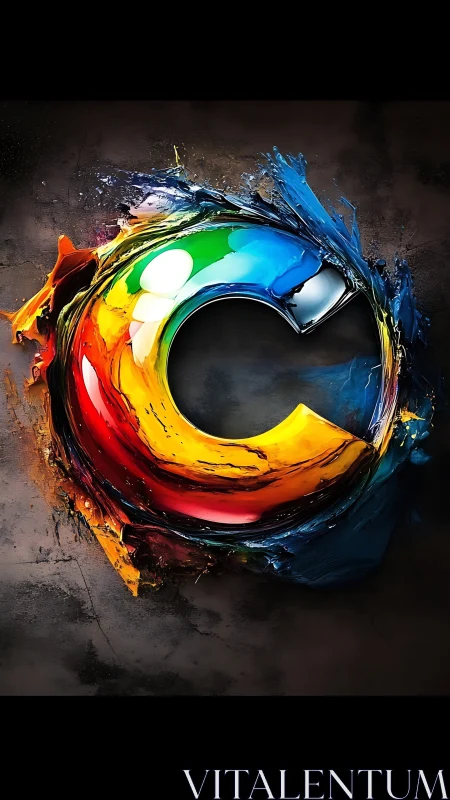 Chromatic circular form with textured paint effects on dark field.