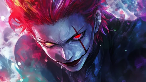 Intense anime portrait of red haired figure with glowing eyes.