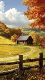 Autumn valley cabin with winding path and grazing lamb.