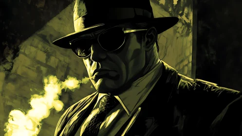 Noir detective in hat rendered with dramatic chiaroscuro lighting