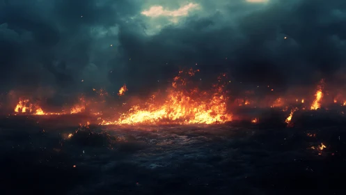 Massive Wildfire Raging Against Darkened Storm Sky.