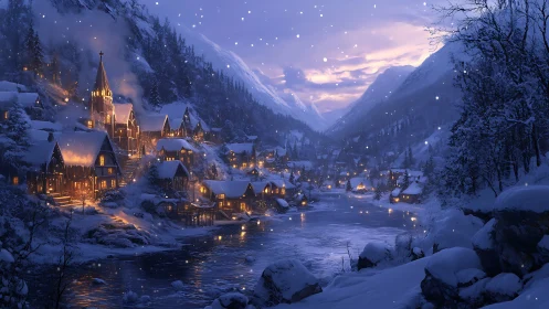 Snowy mountain village at dusk with warm glowing lights.