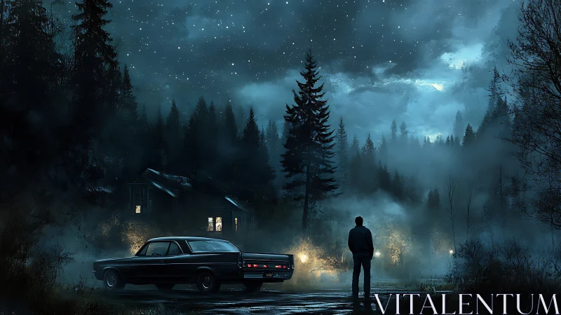 Night forest road with parked car and solitary figure.
