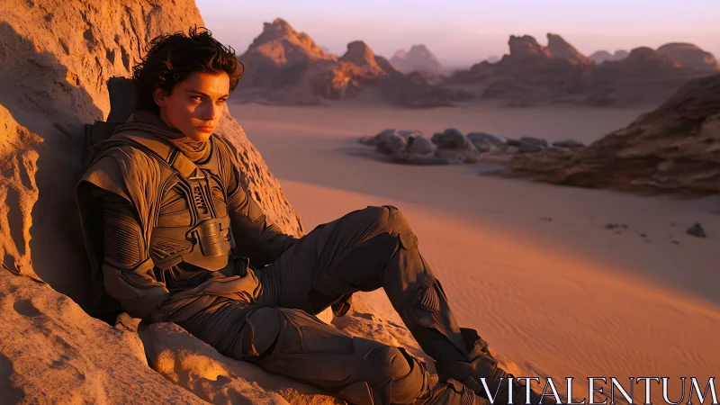 Cinematic desert portrait isolates armored figure in raking sunset light