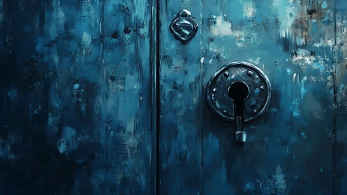 Weathered blue door invites curiosity with a bold keyhole