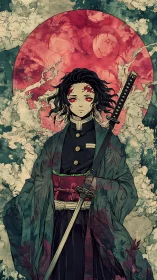 Katana-bearing anime warrior before textured crimson moon.