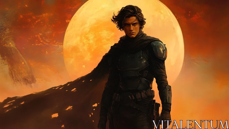 Lone space wanderer under a molten desert moonlit sky.