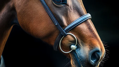 Horse head close-up shows bridle detail and coat texture clearly