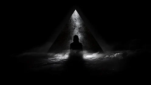 Backlit hooded silhouette before luminous triangular aperture.