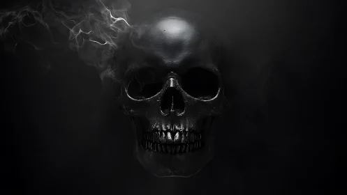 Photorealistic black skull with drifting smoke on void backdrop.