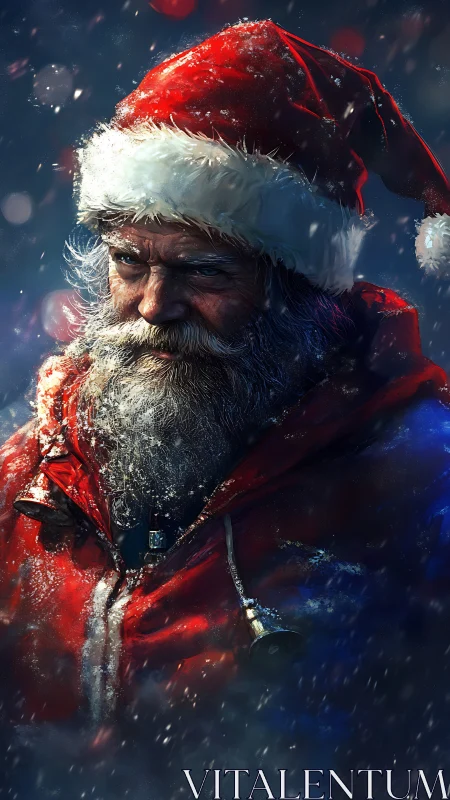 Gritty winter portrait of an older man in Santa suit.