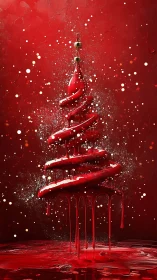 Viscous helical red tree sculpture with dripping pigment strata.